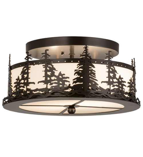 Meyda Lighting Tall Pines 16" 2-Light Exterior Oil Rubbed Bronze Flush Mount Light With White Statuario Acrylic Shade Glass