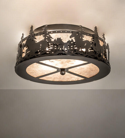 Meyda Lighting Tall Pines 16" 2-Light Timeless Bronze Running Horses Flush Mount Light With Silver Mica Shade Glass