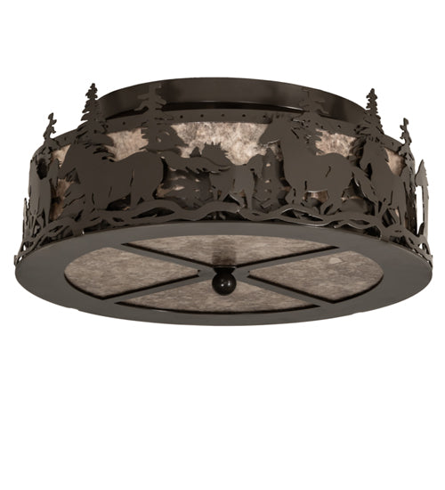 Meyda Lighting Tall Pines 16" 2-Light Timeless Bronze Running Horses Flush Mount Light With Silver Mica Shade Glass