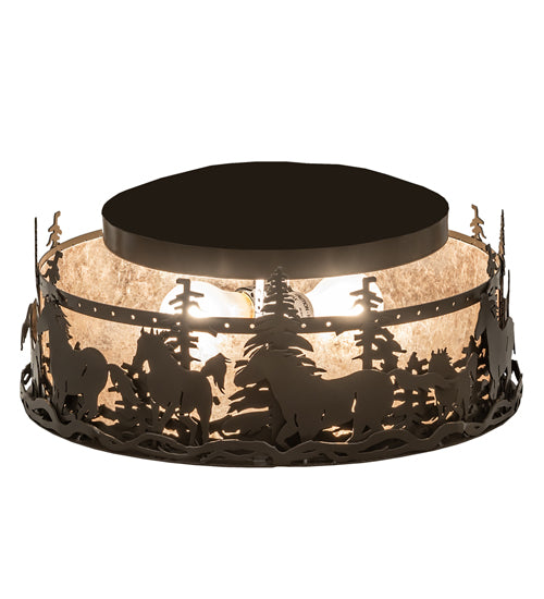 Meyda Lighting Tall Pines 16" 2-Light Timeless Bronze Running Horses Flush Mount Light With Silver Mica Shade Glass