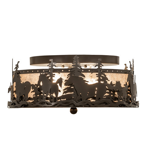 Meyda Lighting Tall Pines 16" 2-Light Timeless Bronze Running Horses Flush Mount Light With Silver Mica Shade Glass