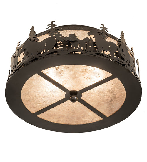 Meyda Lighting Tall Pines 16" 2-Light Timeless Bronze Running Horses Flush Mount Light With Silver Mica Shade Glass
