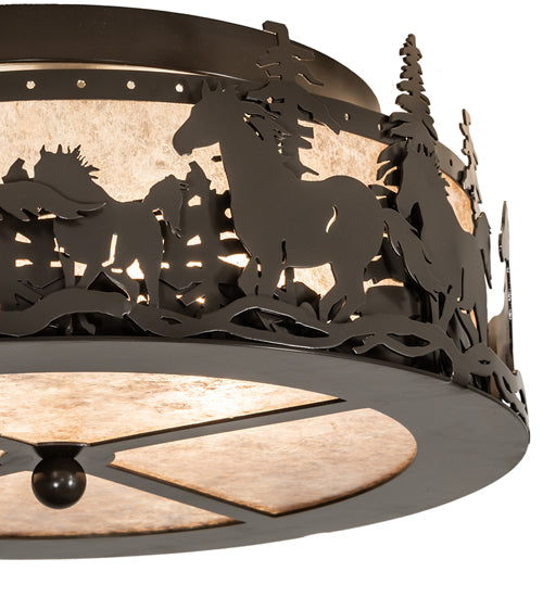 Meyda Lighting Tall Pines 16" 2-Light Timeless Bronze Running Horses Flush Mount Light With Silver Mica Shade Glass