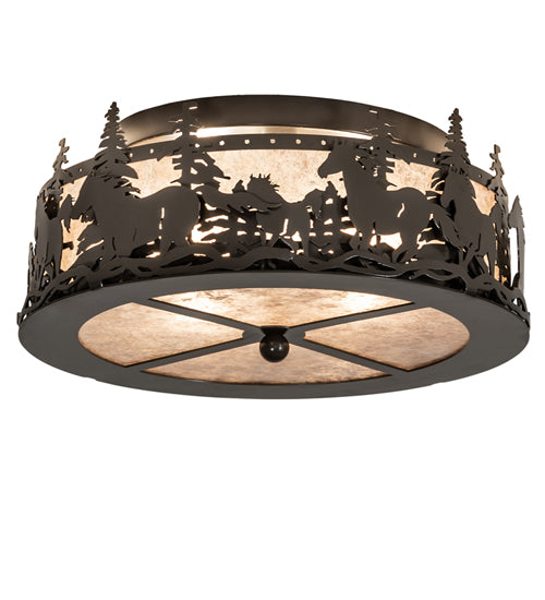 Meyda Lighting Tall Pines 16" 2-Light Timeless Bronze Running Horses Flush Mount Light With Silver Mica Shade Glass
