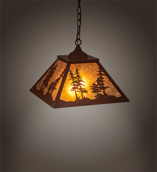 Meyda Lighting Tall Pines 16"Sq 2-Light Red Rust Pendant Light With Amber Mica Shade Glass