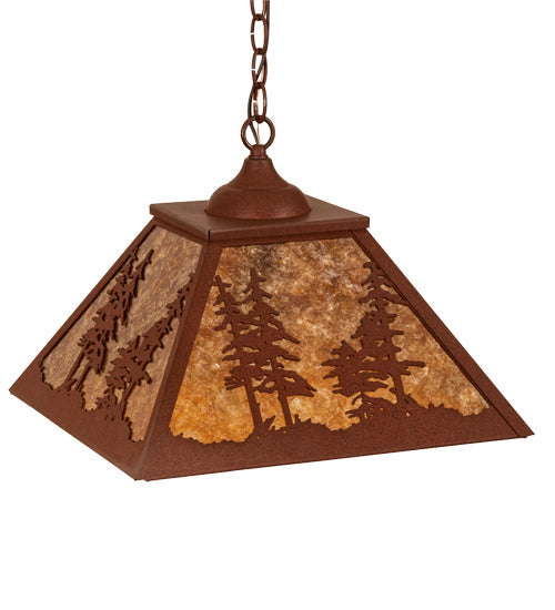 Meyda Lighting Tall Pines 16"Sq 2-Light Red Rust Pendant Light With Amber Mica Shade Glass
