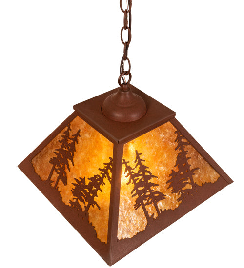 Meyda Lighting Tall Pines 16"Sq 2-Light Red Rust Pendant Light With Amber Mica Shade Glass