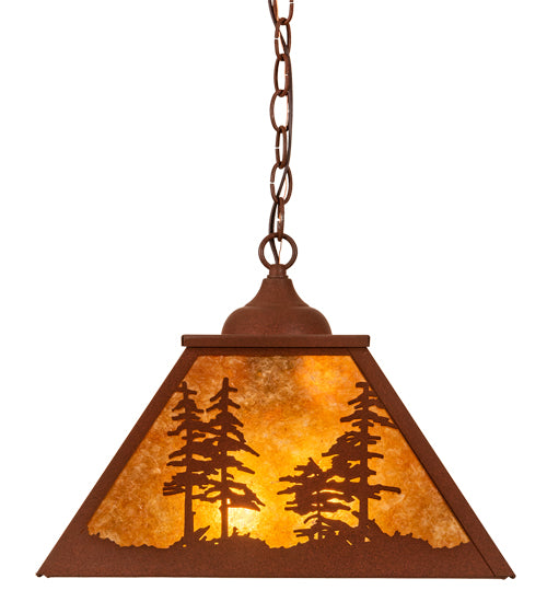 Meyda Lighting Tall Pines 16"Sq 2-Light Red Rust Pendant Light With Amber Mica Shade Glass