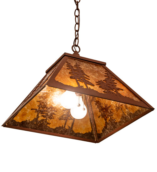 Meyda Lighting Tall Pines 16"Sq 2-Light Red Rust Pendant Light With Amber Mica Shade Glass