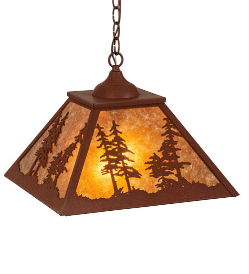 Meyda Lighting Tall Pines 16"Sq 2-Light Red Rust Pendant Light With Amber Mica Shade Glass