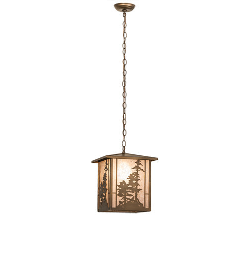 Meyda Lighting Tall Pines 17" Antique Copper Lantern Pendant Light With Silver Mica Shade Glass