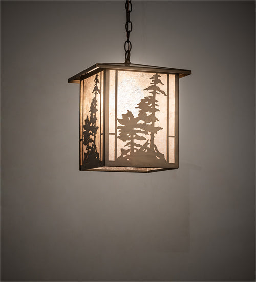 Meyda Lighting Tall Pines 17" Antique Copper Lantern Pendant Light With Silver Mica Shade Glass
