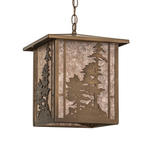 Meyda Lighting Tall Pines 17" Antique Copper Lantern Pendant Light With Silver Mica Shade Glass
