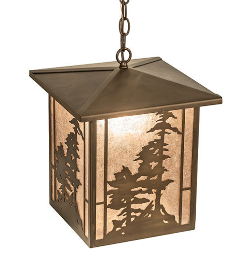 Meyda Lighting Tall Pines 17" Antique Copper Lantern Pendant Light With Silver Mica Shade Glass