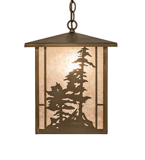 Meyda Lighting Tall Pines 17" Antique Copper Lantern Pendant Light With Silver Mica Shade Glass