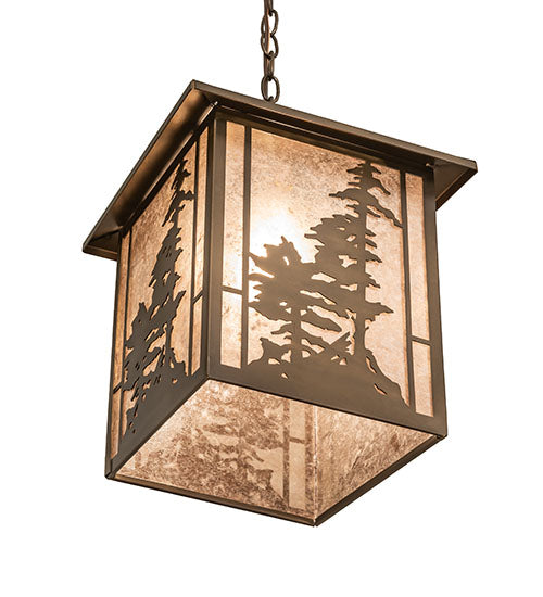 Meyda Lighting Tall Pines 17" Antique Copper Lantern Pendant Light With Silver Mica Shade Glass
