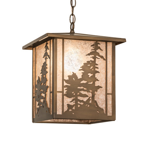 Meyda Lighting Tall Pines 17" Antique Copper Lantern Pendant Light With Silver Mica Shade Glass