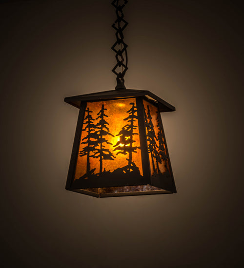 Meyda Lighting Tall Pines 177127 10" Wrought Iron Pendant Light With Amber Mica Shade Glass