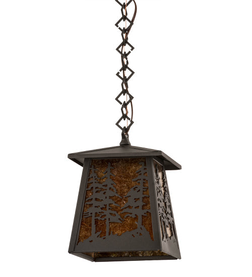 Meyda Lighting Tall Pines 177127 10" Wrought Iron Pendant Light With Amber Mica Shade Glass