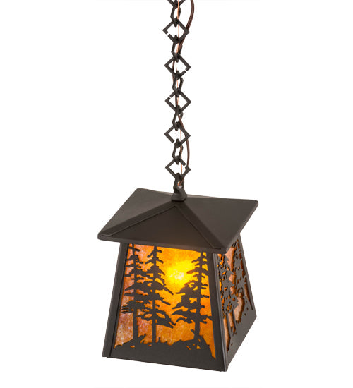 Meyda Lighting Tall Pines 177127 10" Wrought Iron Pendant Light With Amber Mica Shade Glass