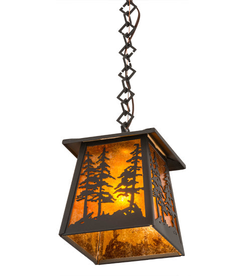 Meyda Lighting Tall Pines 177127 10" Wrought Iron Pendant Light With Amber Mica Shade Glass