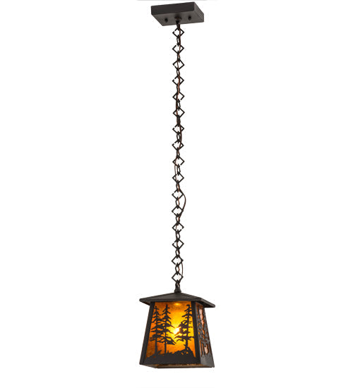 Meyda Lighting Tall Pines 177127 10" Wrought Iron Pendant Light With Amber Mica Shade Glass