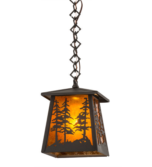 Meyda Lighting Tall Pines 177127 10" Wrought Iron Pendant Light With Amber Mica Shade Glass