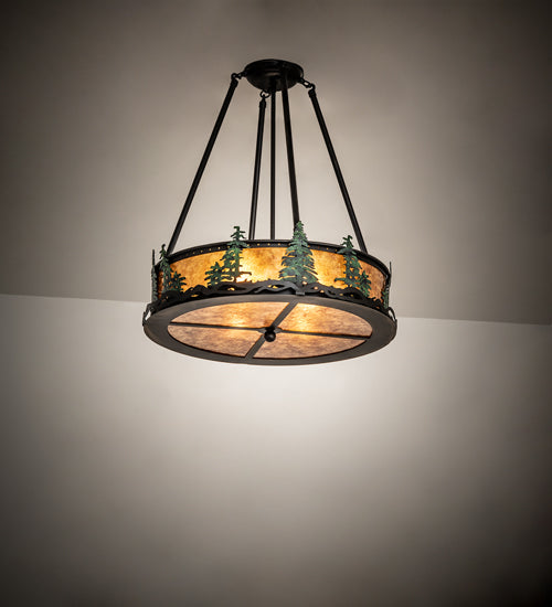 Meyda Lighting Tall Pines 20" 4-Light Textured Black & Green Trees Semi-flush Mount Light With Amber Mica Shade Glass