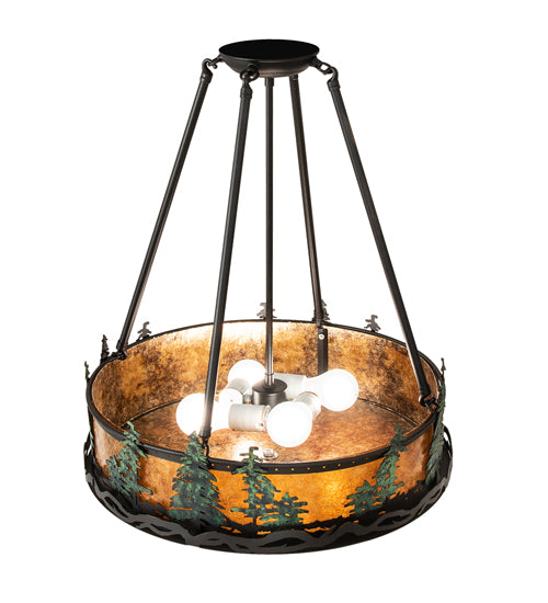 Meyda Lighting Tall Pines 20" 4-Light Textured Black & Green Trees Semi-flush Mount Light With Amber Mica Shade Glass