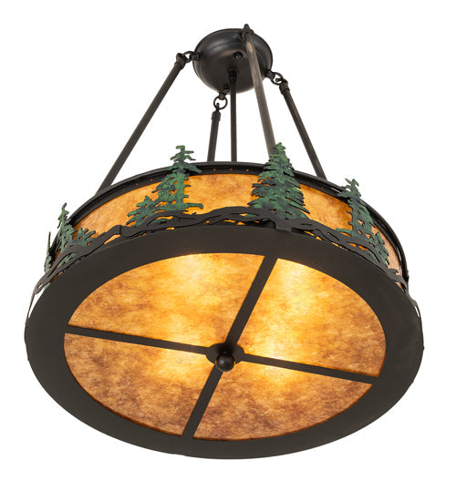 Meyda Lighting Tall Pines 20" 4-Light Textured Black & Green Trees Semi-flush Mount Light With Amber Mica Shade Glass
