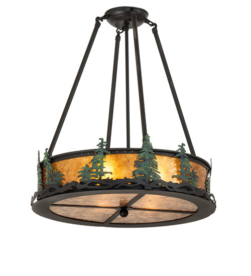Meyda Lighting Tall Pines 20" 4-Light Textured Black & Green Trees Semi-flush Mount Light With Amber Mica Shade Glass