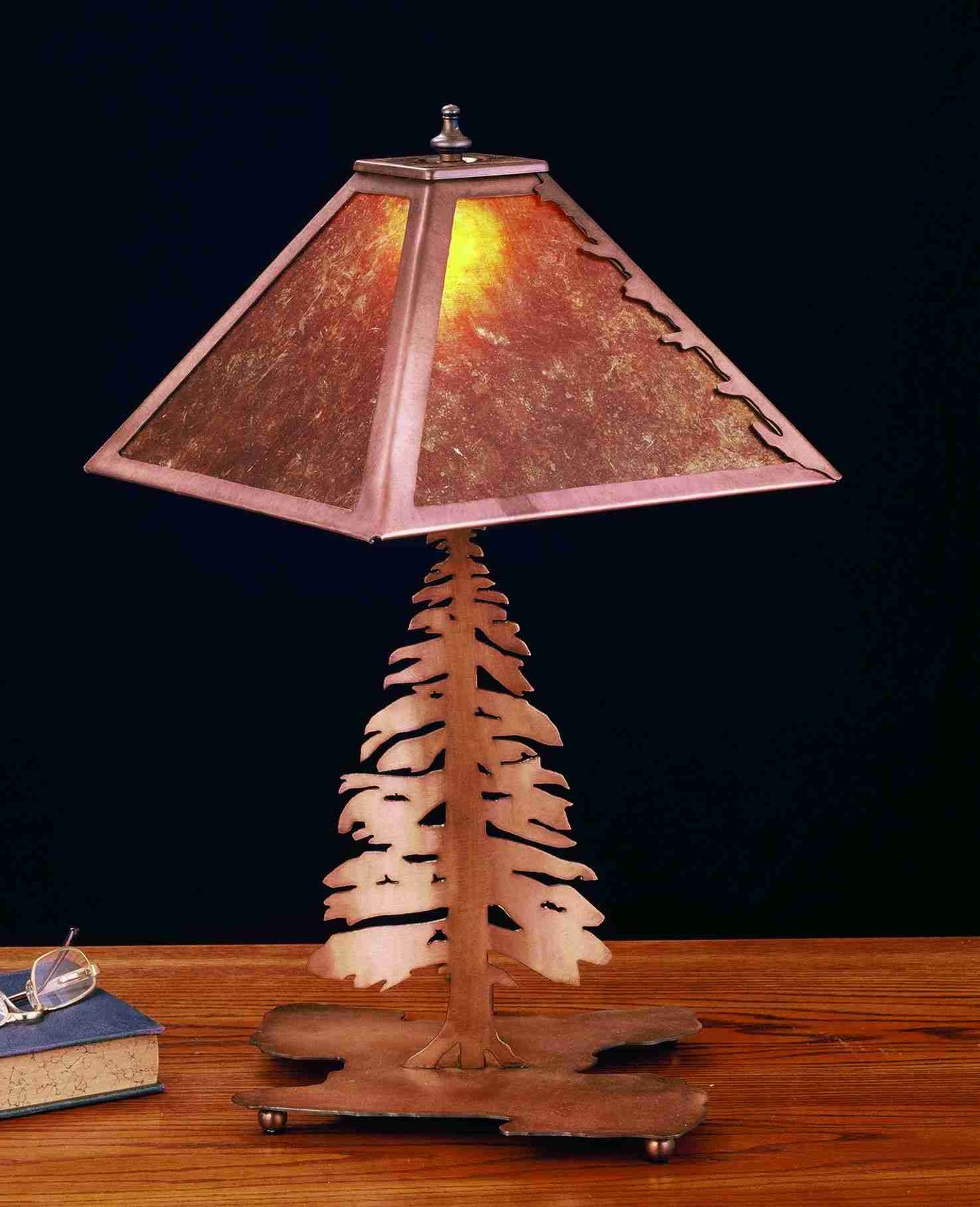 Meyda Lighting Tall Pines 21" 2-Light Antique Copper Table Lamp With Amber Mica Shade Glass