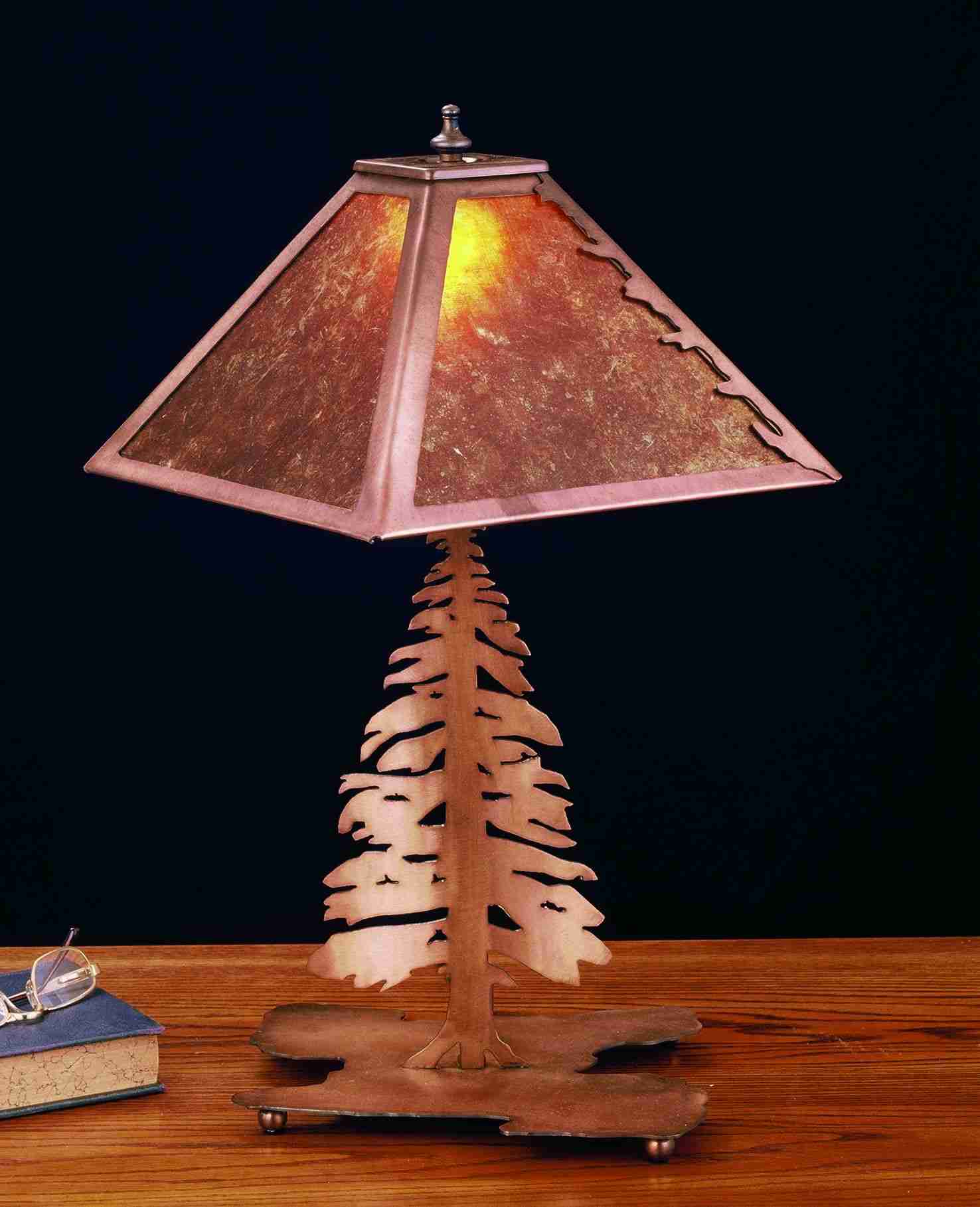 Meyda Lighting Tall Pines 21" 2-Light Antique Copper Table Lamp With Amber Mica Shade Glass