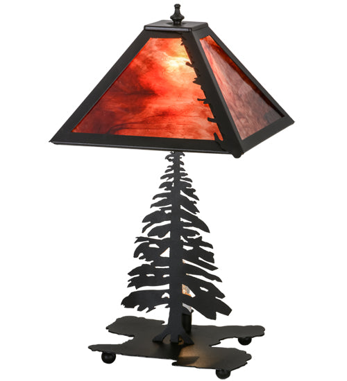 Meyda Lighting Tall Pines 21" 2-Light Textured Black Table Lamp With Burgundy Art Shade Glass