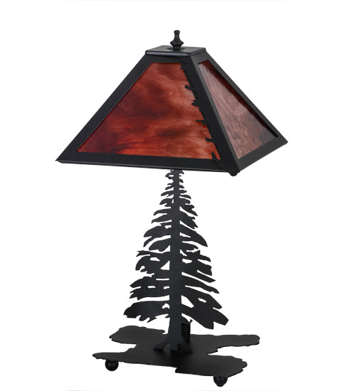 Meyda Lighting Tall Pines 21" 2-Light Textured Black Table Lamp With Burgundy Art Shade Glass
