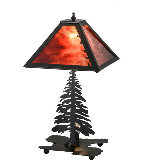 Meyda Lighting Tall Pines 21" 2-Light Textured Black Table Lamp With Burgundy Art Shade Glass