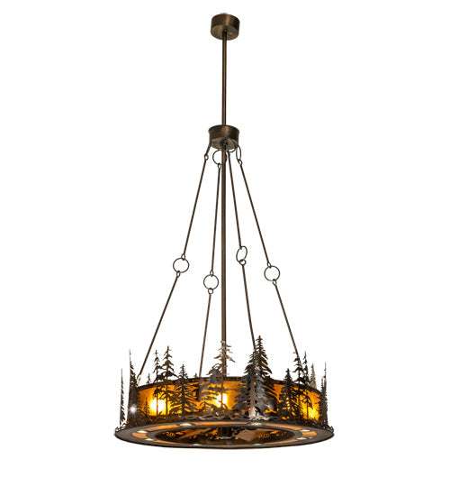 Meyda Lighting Tall Pines 217226 48" 21-Light Dark Burnished Antique Copper Chandelier With Amber Mica Shade Glass and Fan