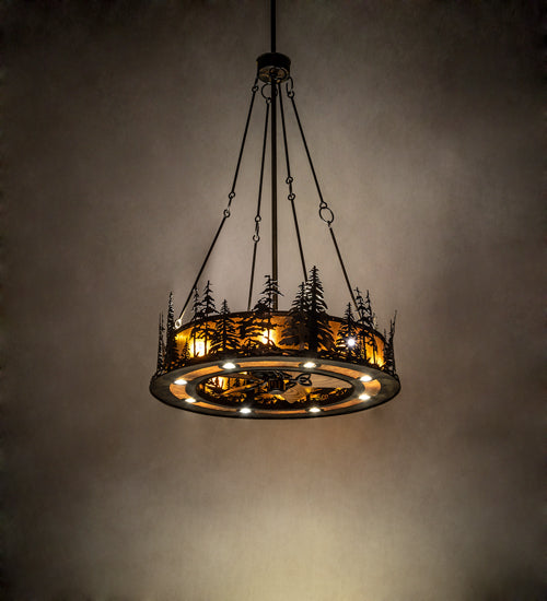 Meyda Lighting Tall Pines 217226 48" 21-Light Dark Burnished Antique Copper Chandelier With Amber Mica Shade Glass and Fan