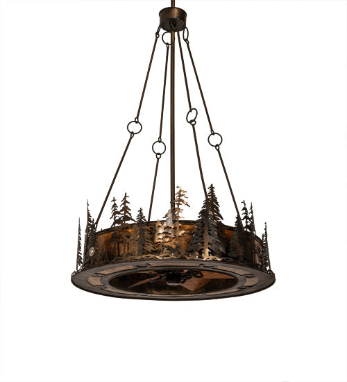 Meyda Lighting Tall Pines 217226 48" 21-Light Dark Burnished Antique Copper Chandelier With Amber Mica Shade Glass and Fan