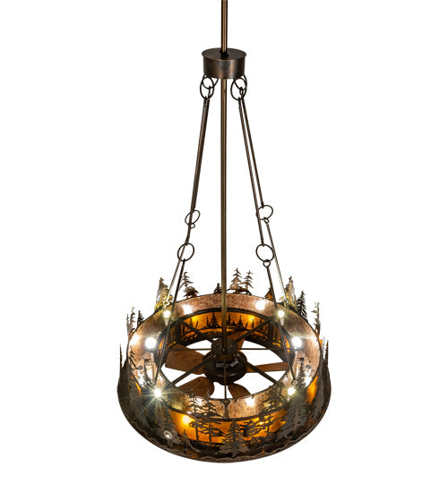 Meyda Lighting Tall Pines 217226 48" 21-Light Dark Burnished Antique Copper Chandelier With Amber Mica Shade Glass and Fan