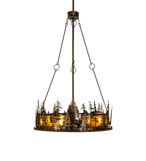 Meyda Lighting Tall Pines 217226 48" 21-Light Dark Burnished Antique Copper Chandelier With Amber Mica Shade Glass and Fan