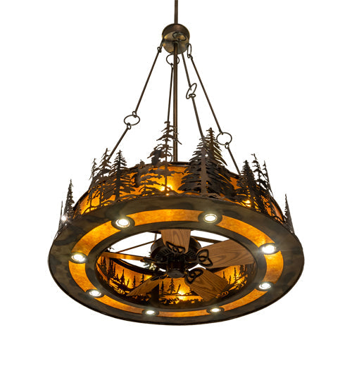 Meyda Lighting Tall Pines 217226 48" 21-Light Dark Burnished Antique Copper Chandelier With Amber Mica Shade Glass and Fan