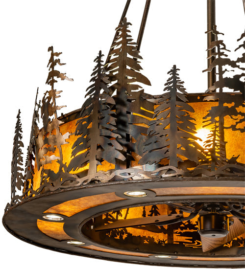 Meyda Lighting Tall Pines 217226 48" 21-Light Dark Burnished Antique Copper Chandelier With Amber Mica Shade Glass and Fan