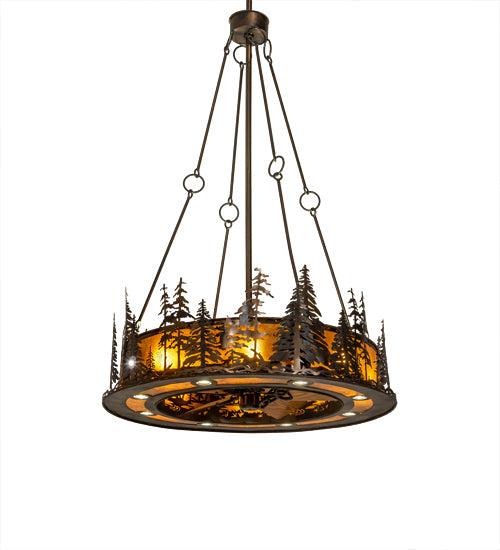 Meyda Lighting Tall Pines 217226 48" 21-Light Dark Burnished Antique Copper Chandelier With Amber Mica Shade Glass and Fan