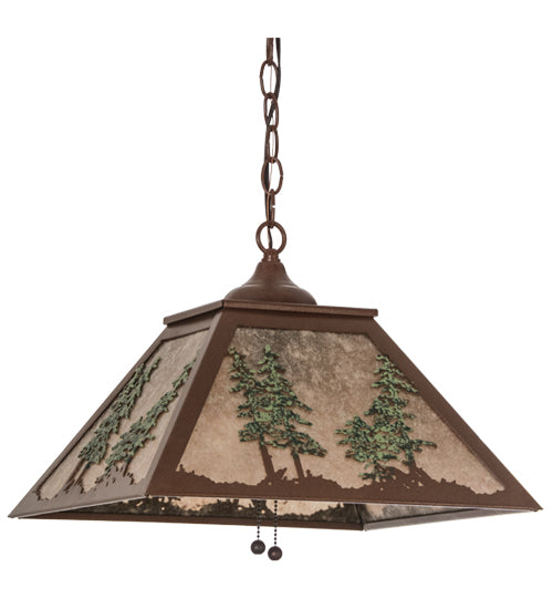 Meyda Lighting Tall Pines 22" 2-Light Rust & Green Trees Pendant Light With Silver Mica Shade Glass