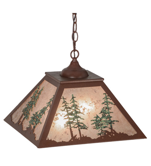 Meyda Lighting Tall Pines 22" 2-Light Rust & Green Trees Pendant Light With Silver Mica Shade Glass