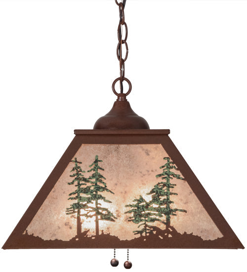 Meyda Lighting Tall Pines 22" 2-Light Rust & Green Trees Pendant Light With Silver Mica Shade Glass