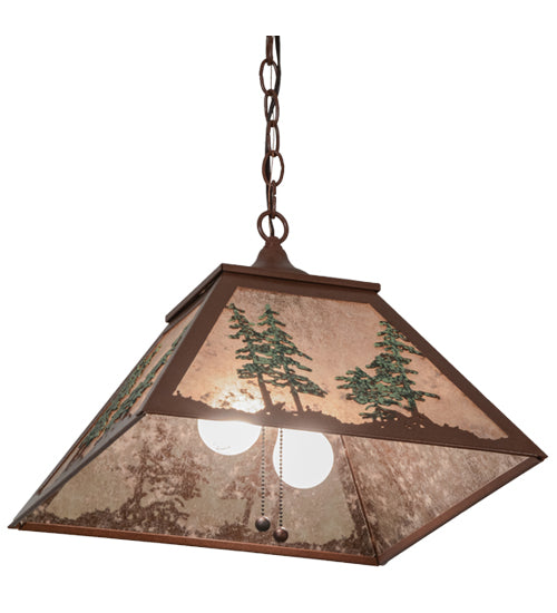 Meyda Lighting Tall Pines 22" 2-Light Rust & Green Trees Pendant Light With Silver Mica Shade Glass