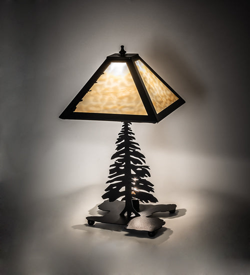Meyda Lighting Tall Pines 22" 2-Light Textured Black Table Lamp With Beige Art Shade Glass