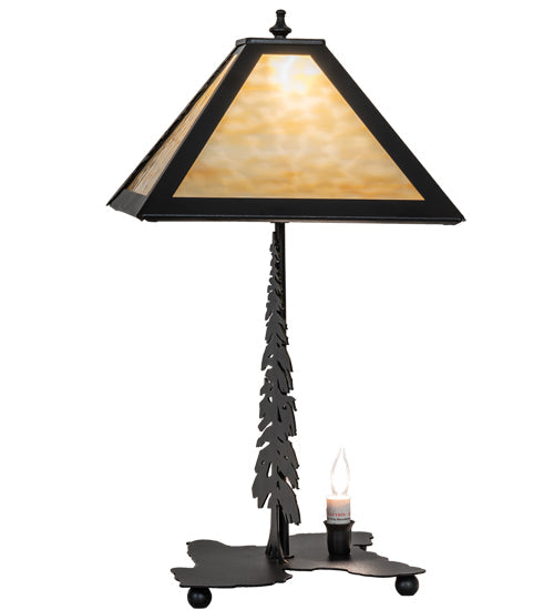 Meyda Lighting Tall Pines 22" 2-Light Textured Black Table Lamp With Beige Art Shade Glass